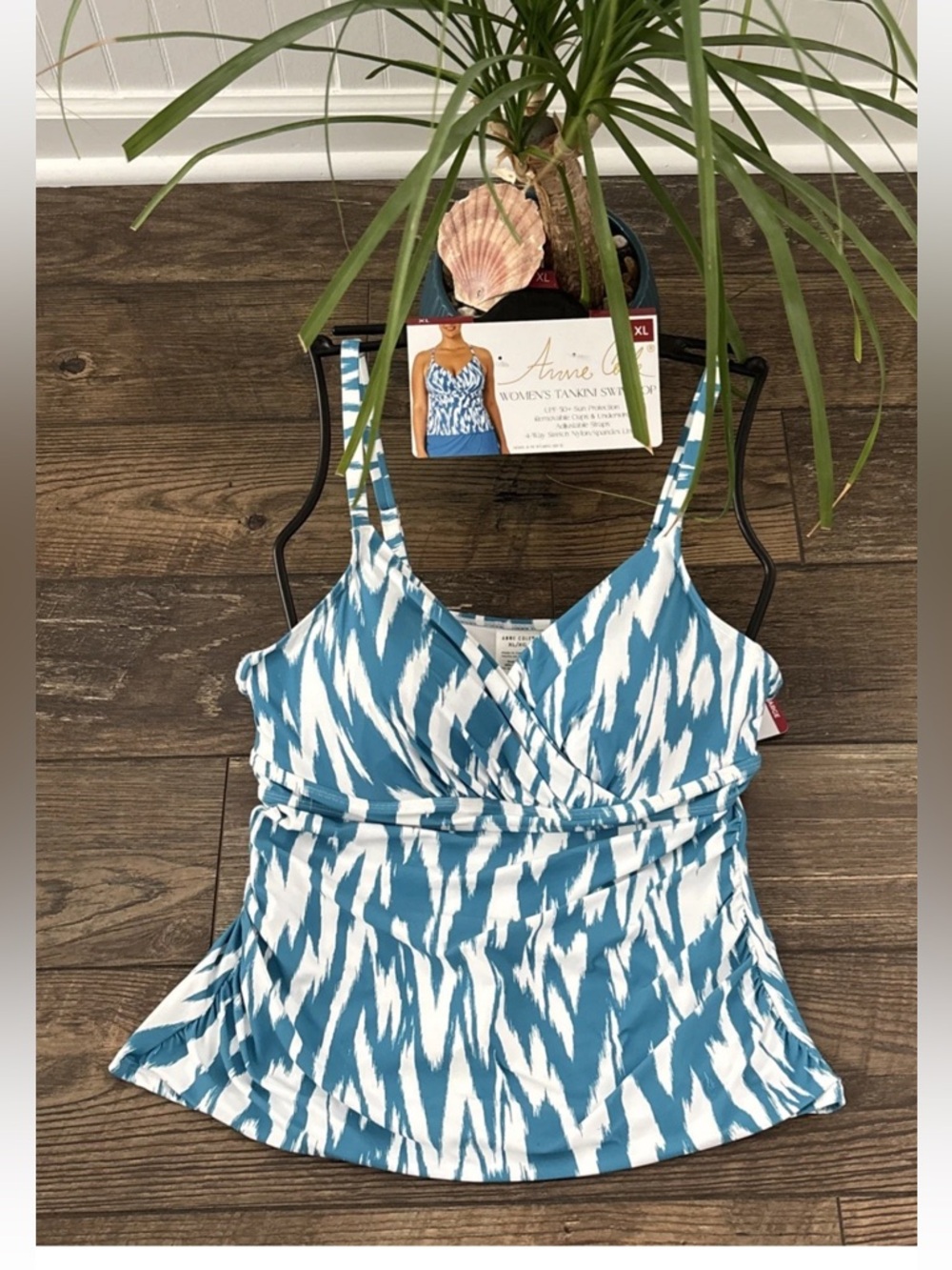 Anne Cole Teal and White Patterned Swim Tankini, Size XL, UPF 50